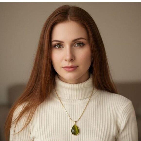 NECKLACE - Olive green teardrop medallion on a silver chain - Picture 1 of 4